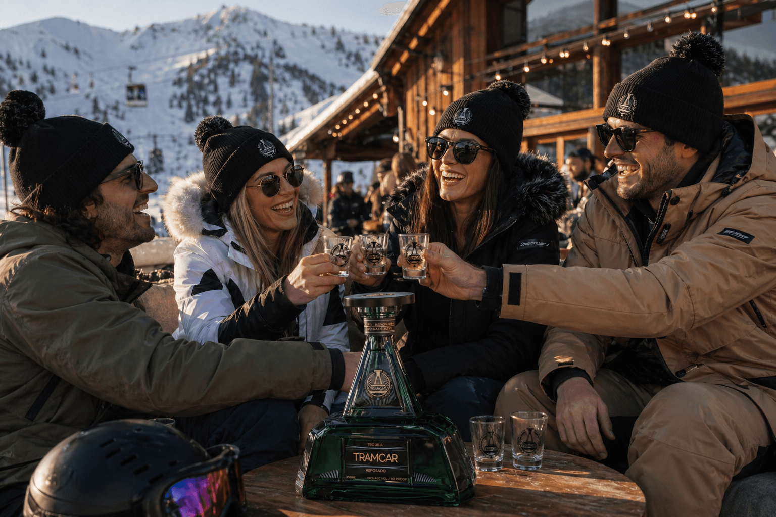 Friends toasting with Tramcar at mountain sunset