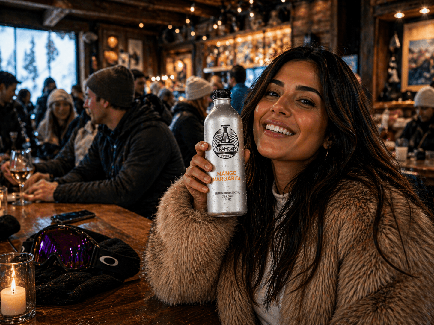 Friends with Tramcar bottles in a mountain gondola