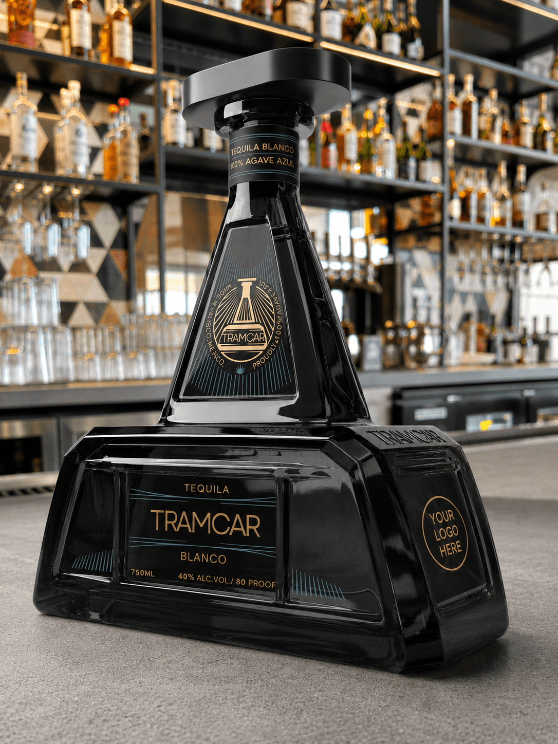 Tramcar co-branded bottle concept with 'Your Logo Here'