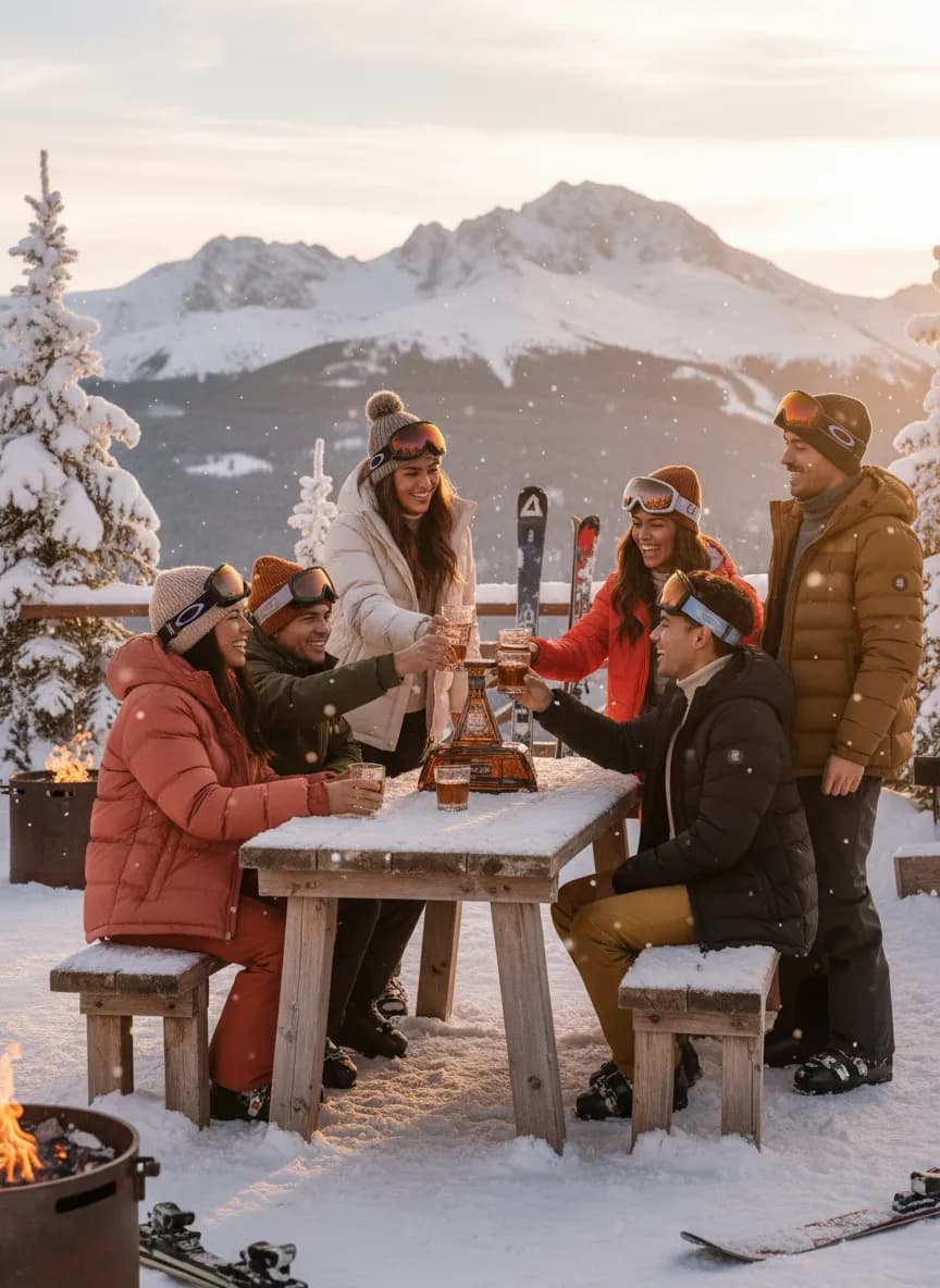 Friends toasting with Tramcar at mountain sunset