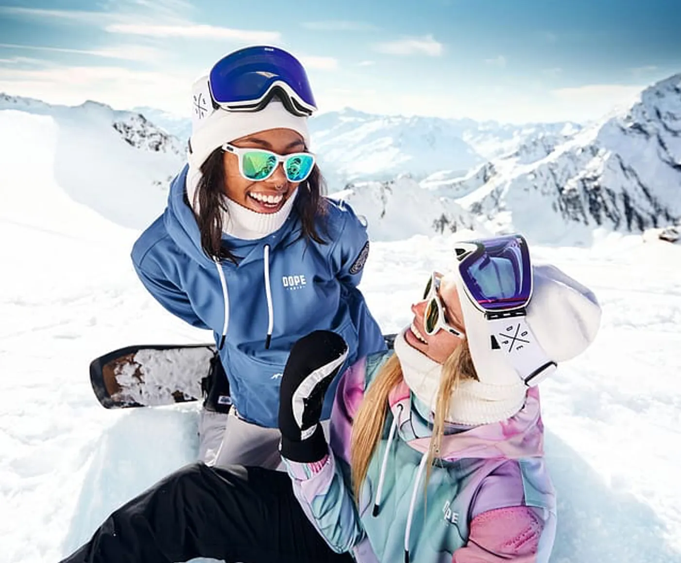 Snowboarders having fun at the summit