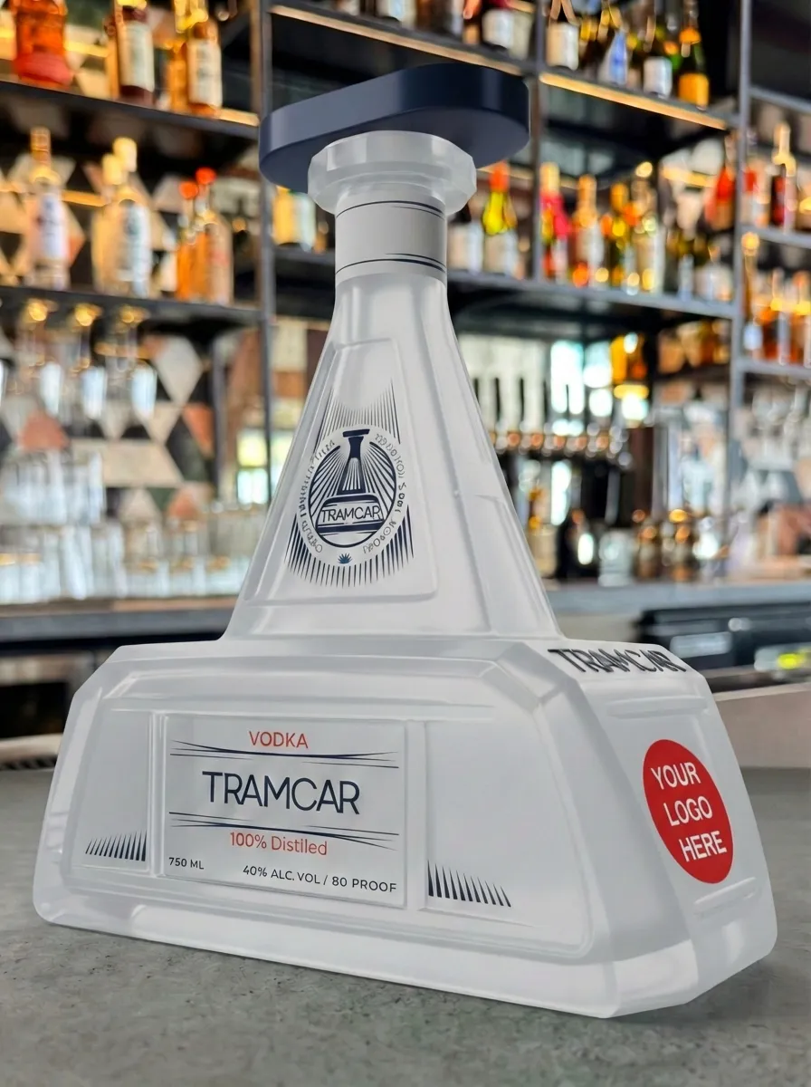 Tramcar co-branded bottle concept with 'Your Logo Here'